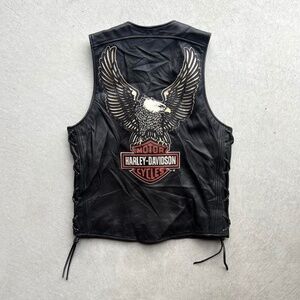 vintage harley davidson biker leather logo patch vest